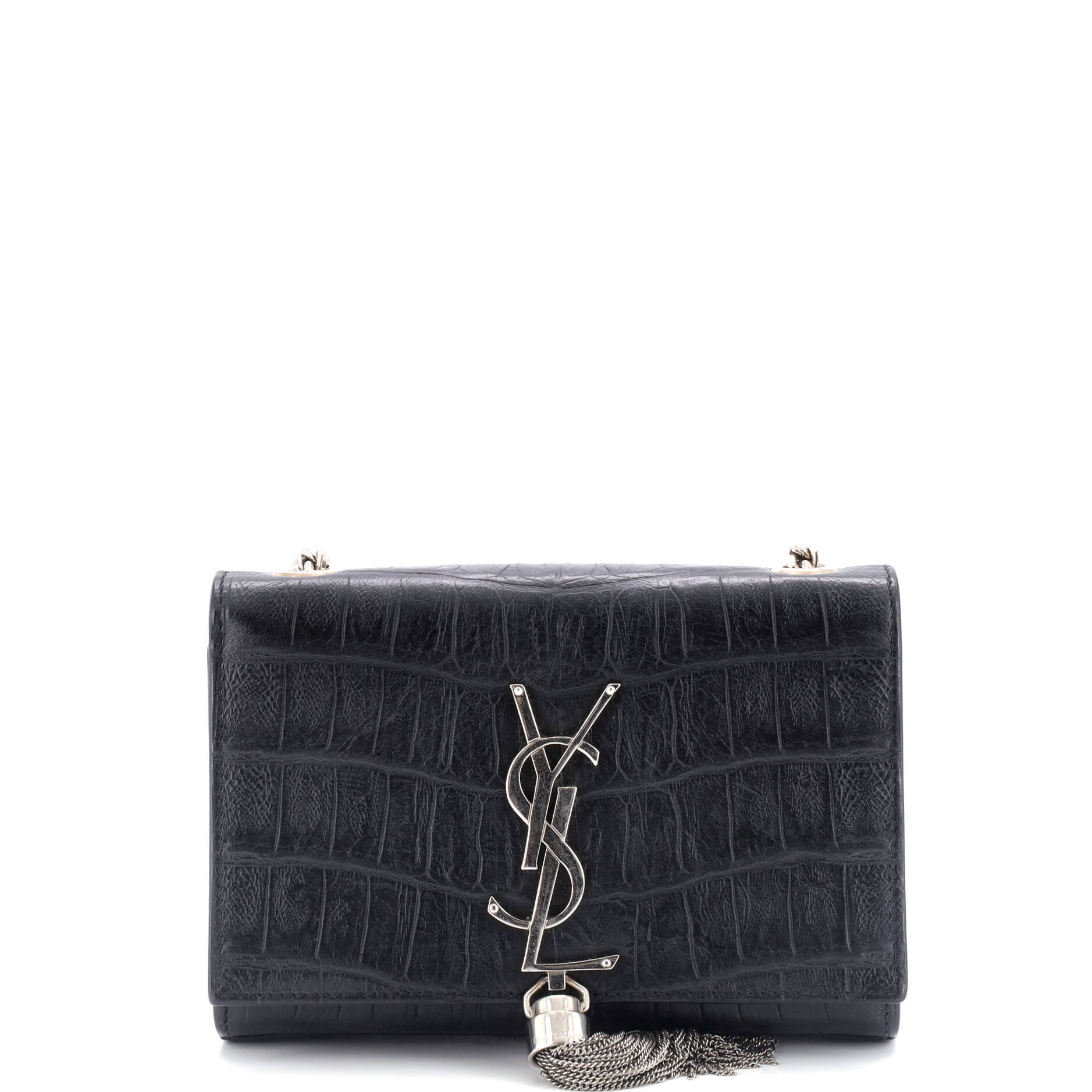 Pre-Loved Saint Laurent Classic Monogram Tassel Crossbody Bag Crocodile Embossed Leather Small