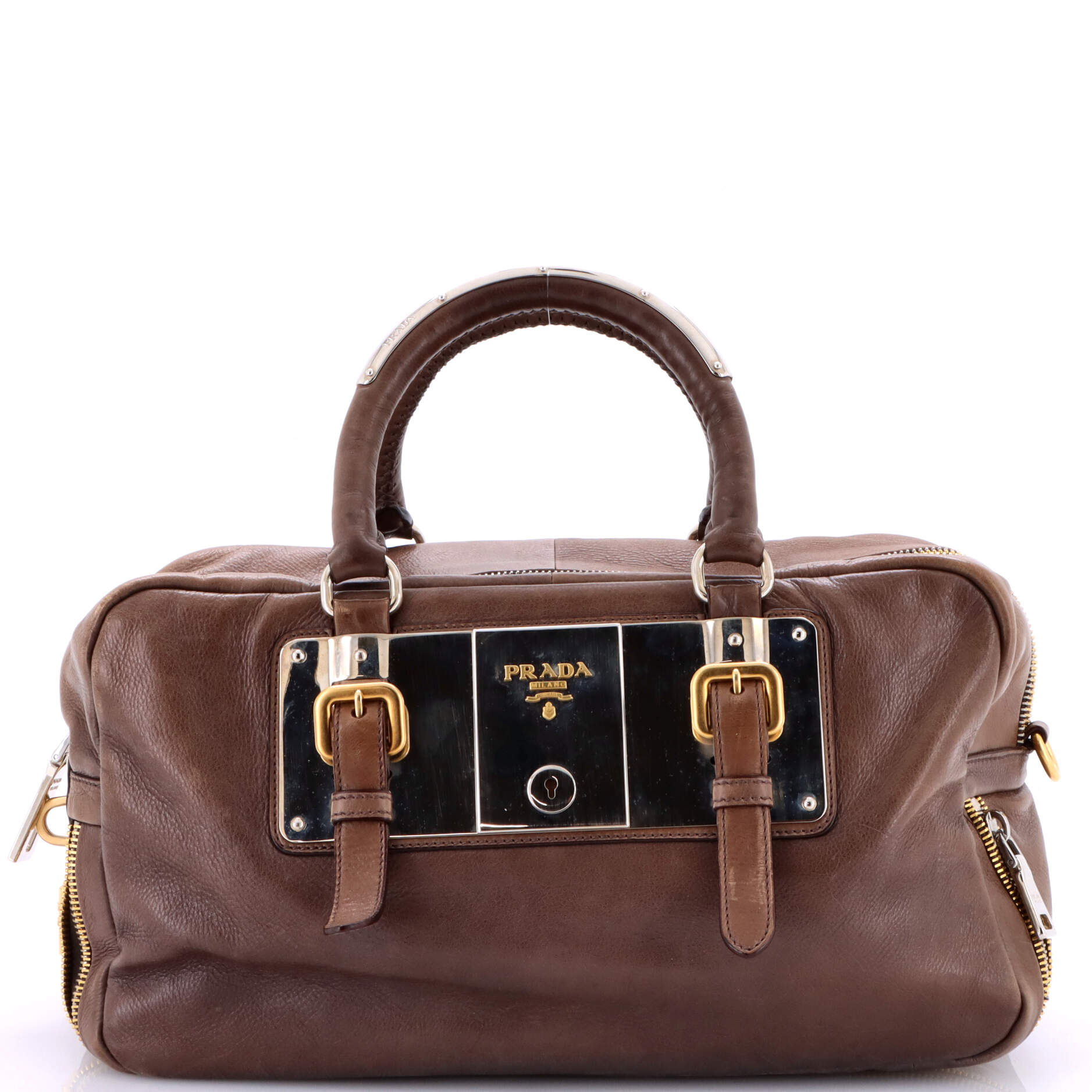 Pre-Loved Prada Lock Plate Zippers Satchel Glace Calf Large