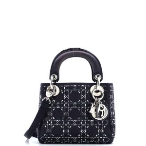Pre-Loved Christian Dior Lady Dior Bag Crystal Embellished Cannage Quilt Satin Mini