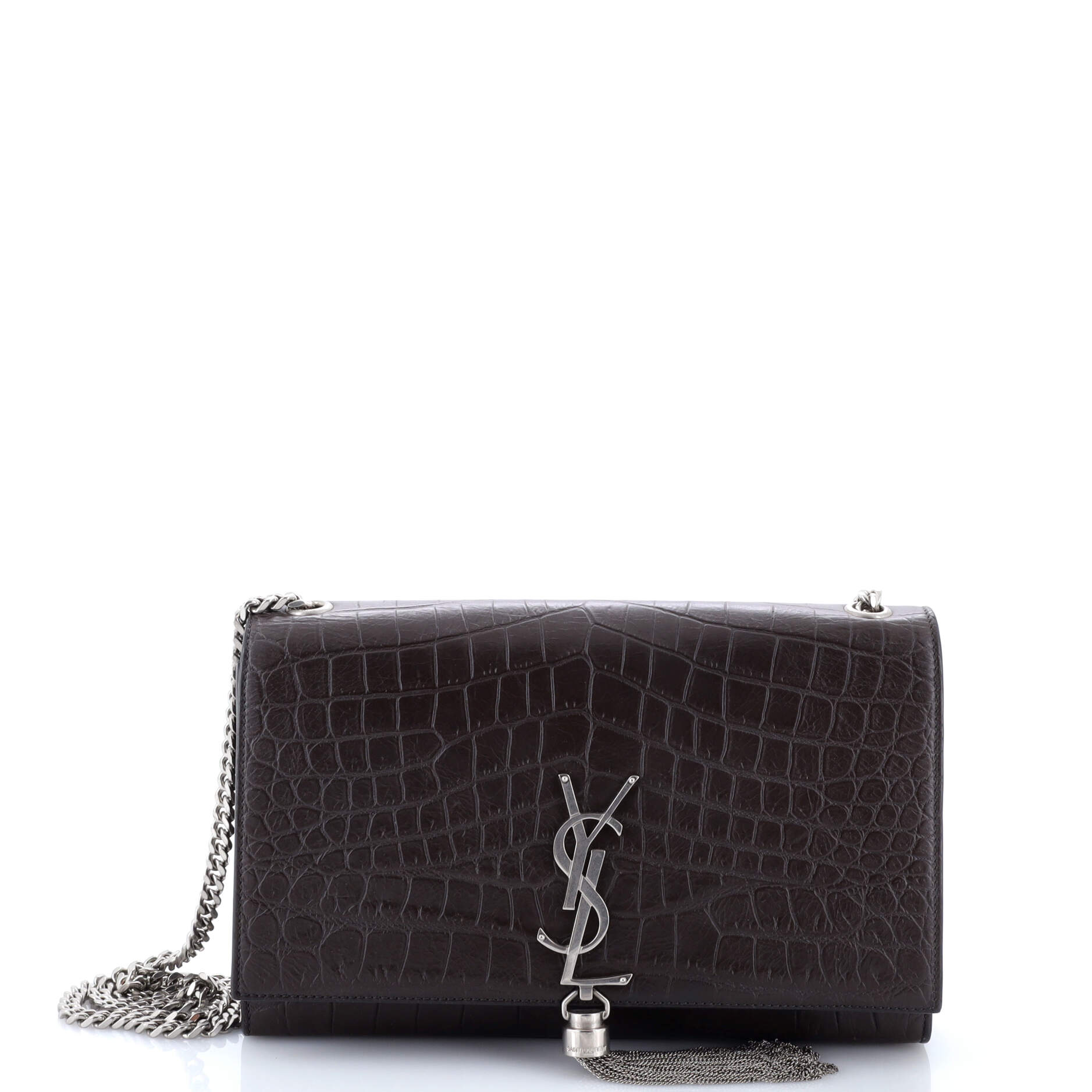 Pre-Loved Saint Laurent Classic Monogram Tassel Crossbody Bag Crocodile Embossed Leather Medium