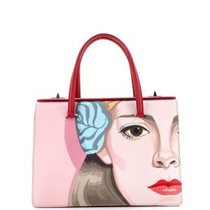 Pre-Loved Prada Turn Lock Tote Printed Saffiano Medium