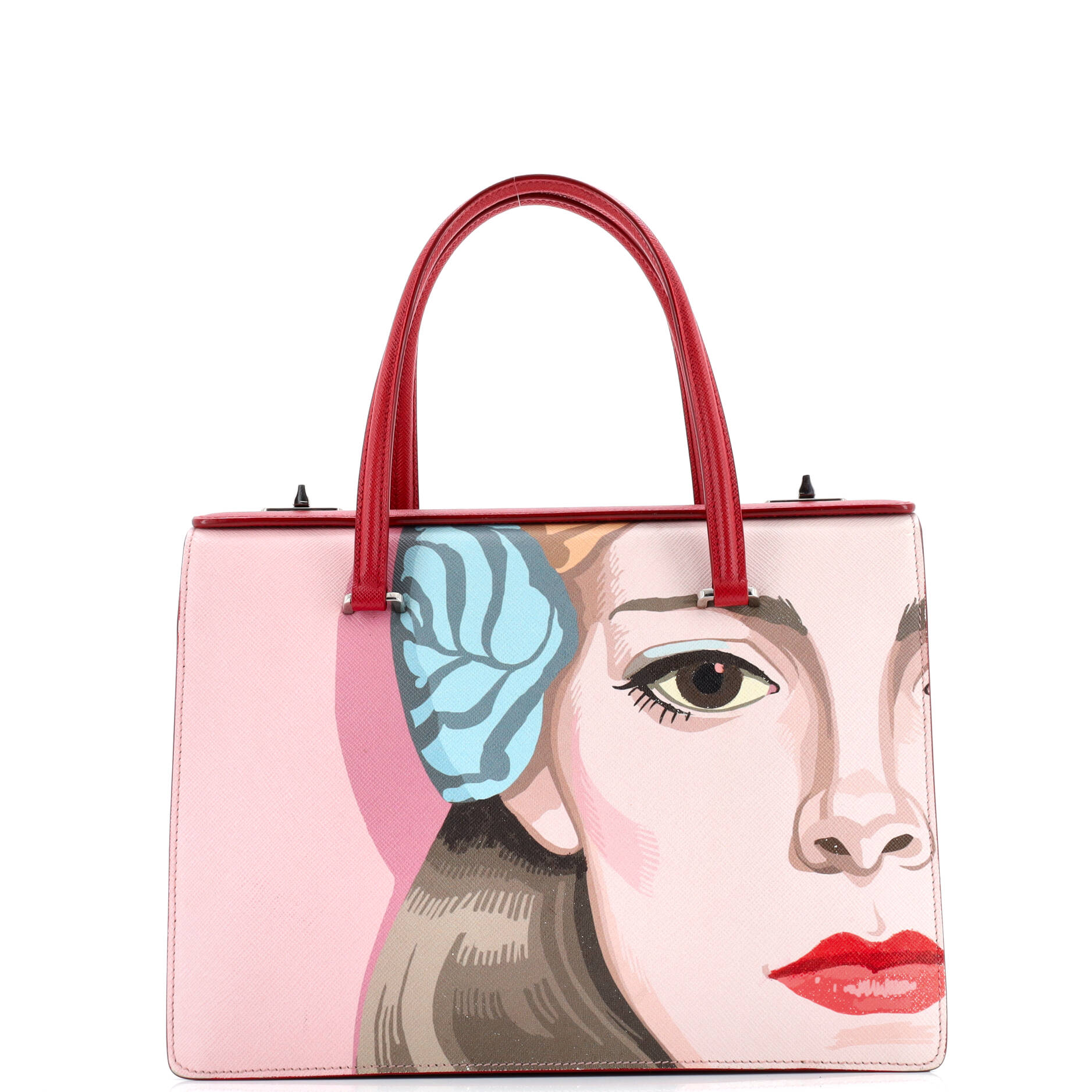 Pre-Loved Prada Turn Lock Tote Printed Saffiano Medium