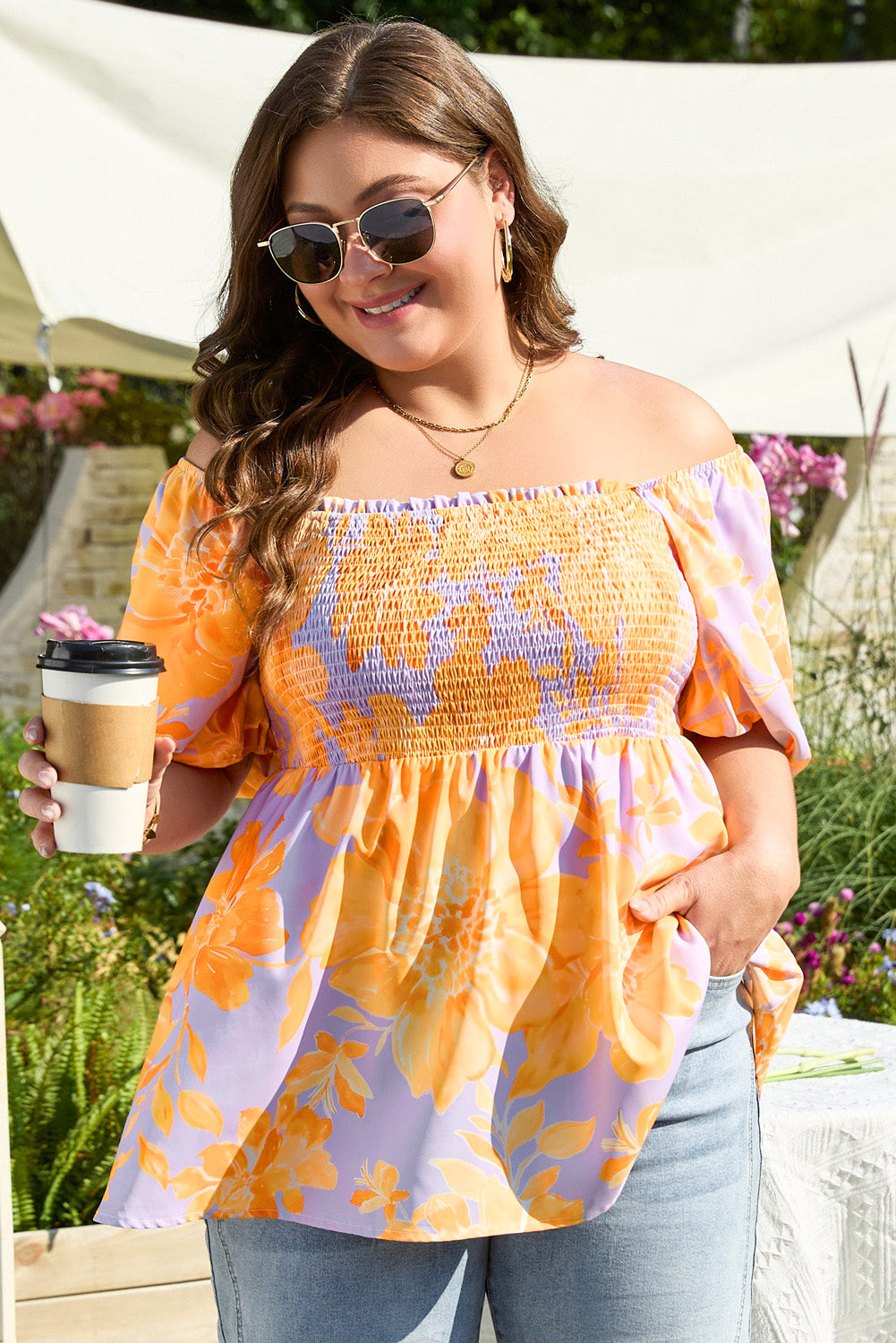 Aspen Plus Size Floral Puff Sleeve Babydoll Blouse by Threaded Pear - Image 5