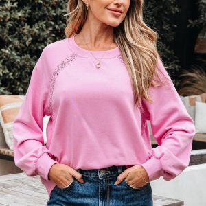 Lilah Lace Patched Raglan Sleeve Loose Fit Sweatshirt by Threaded Pear