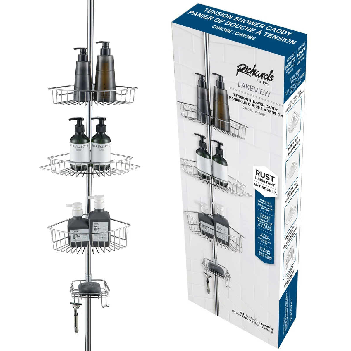 J&V Textiles 4 Tier Rustproof Shower Caddy Corner Organizer With Adjustable Shelves and Tension Pole - Image 7