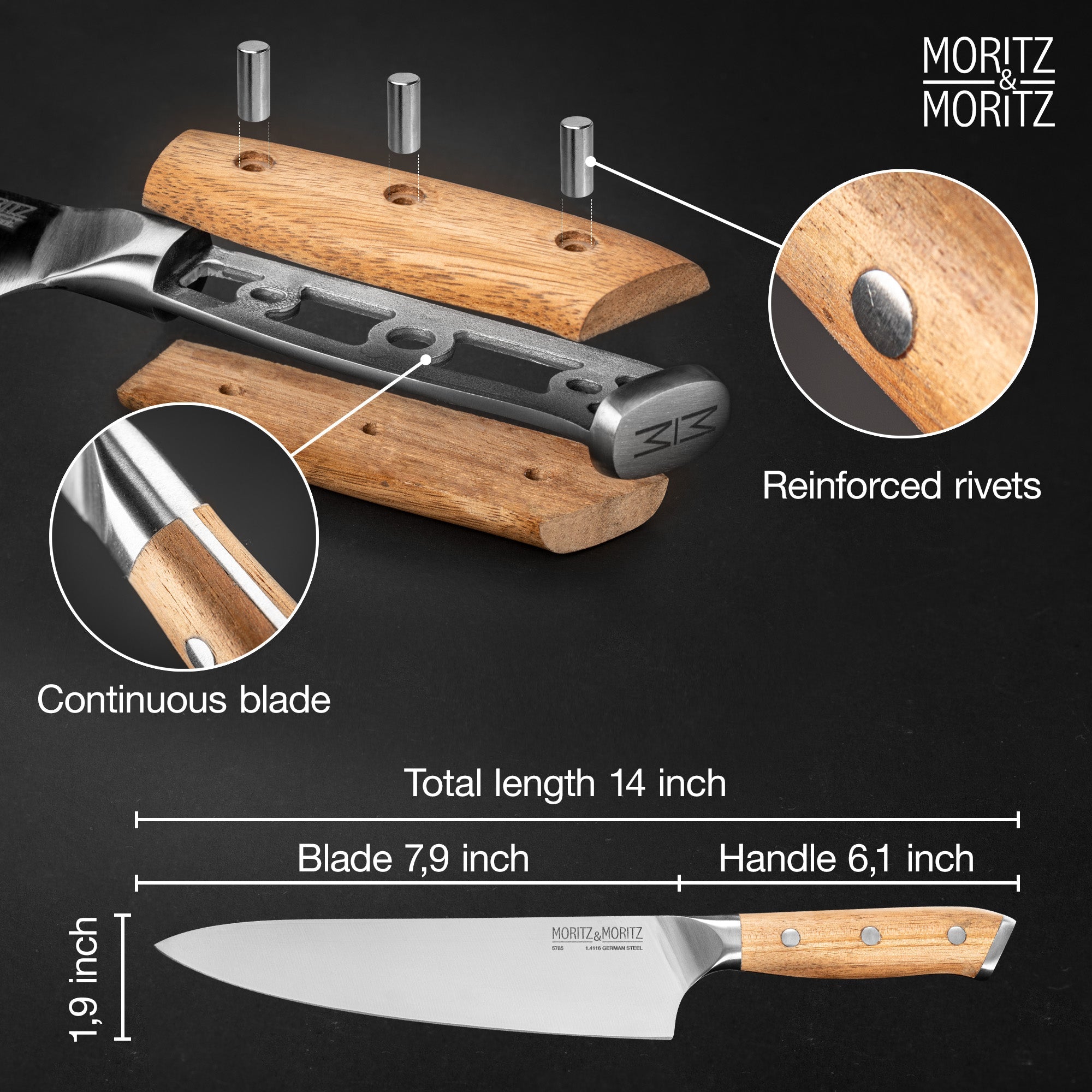 Moritz & Moritz German Steel 8 Chef's Knife | Professional Sharp Multipurpose Kitchen Knife - Image 2
