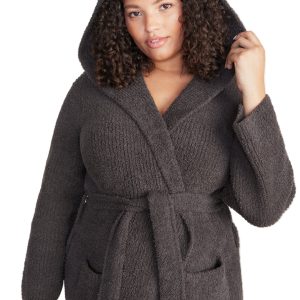 Barefoot Dreams Women's Cozychic Ribbed Hooded Robe - Soft Plush 100% Microfiber Loungewear