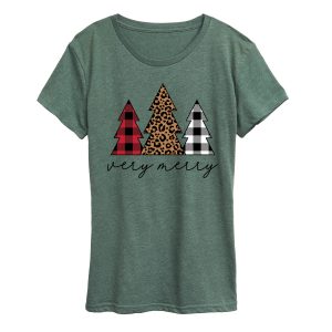 Instant Message - Very Merry Plaid Leopard Trees - Women's Short Sleeve Graphic T-shirt
