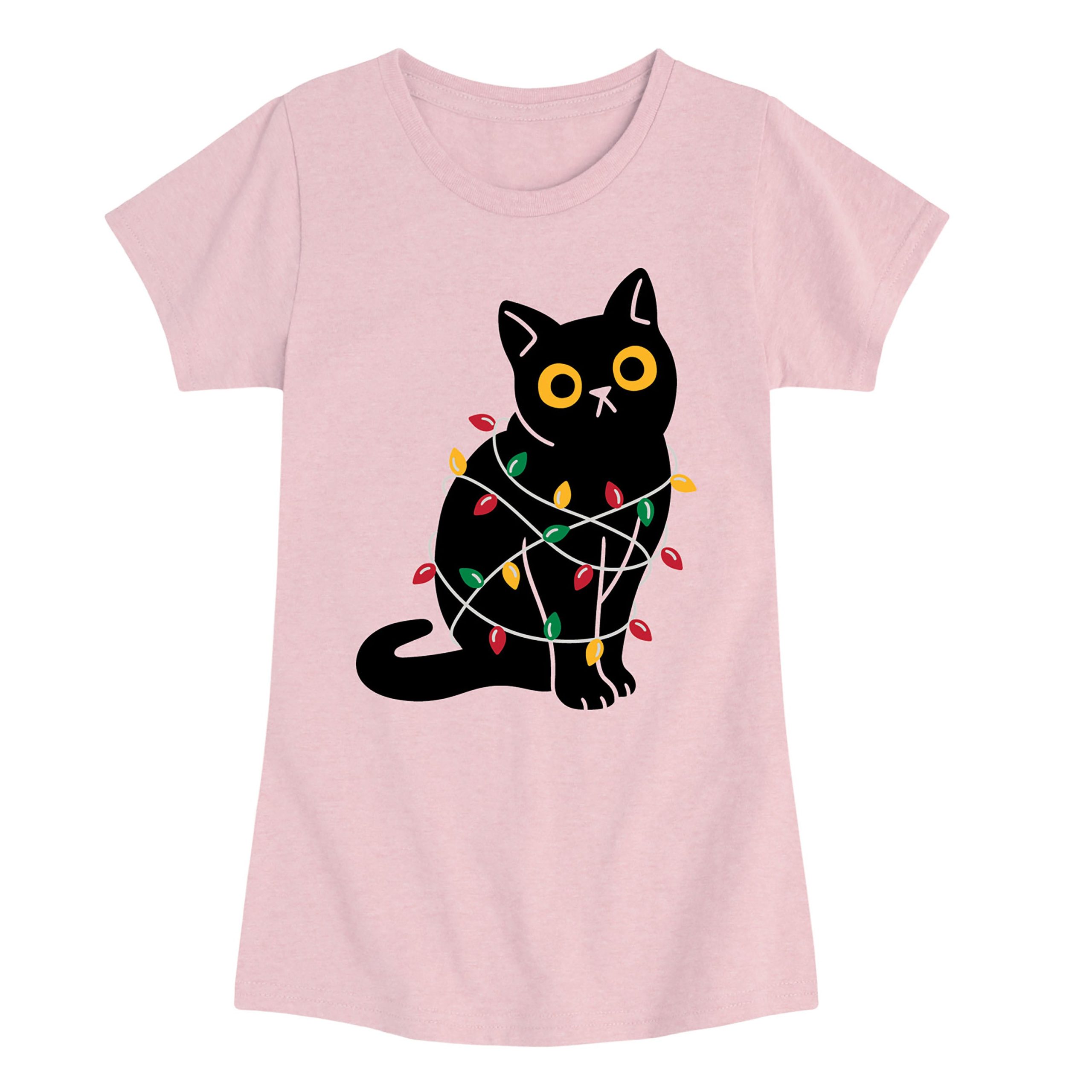 Instant Message - Cat Wrapped in Christmas Lights - Youth Girls Short Sleeve T-shirt - Image 3