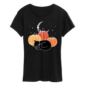 Instant Message - Black Cat Pumpkin Nap - Women's Short Sleeve Graphic T-Shirt