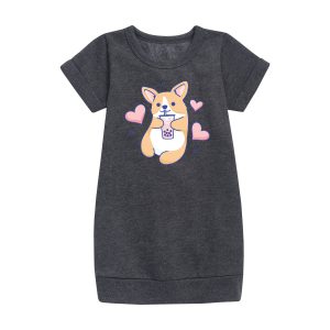 Instant Message - Kawaii - Corgis Love Boba Tea - Toddler & Youth Girls Fleece Dress