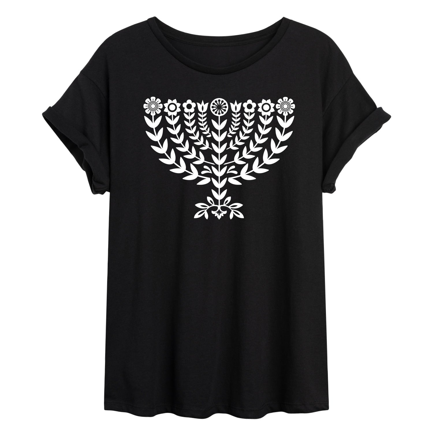 Instant Message - Floral Menorah - Womens Oversized Graphic T-shirt