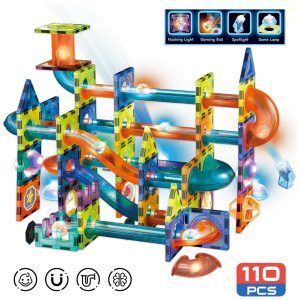 Contixo ST8 Magnetic Light-Up 3D Tiles Building Set - 110 Piece STEM Marble Run Blocks for Kids