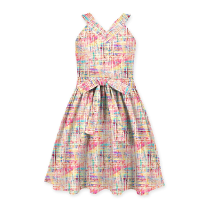 Sunshine Swing Girl's Watercolor Abstract Print Bow-Belted Sleeveless Dress