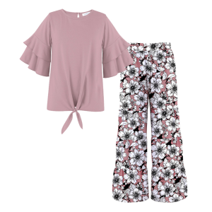 Trend Blossoms Girl's Knot-Hem Top & Floral Print Tiered Pants