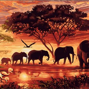 Paint with Number A Sunset And A Herd Of Elephant