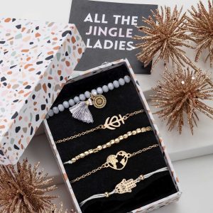 Don't AsK Goldtone Grey Beaded Bracelet Set ??Elegant Stackable Design with Terrazzo Gift Box