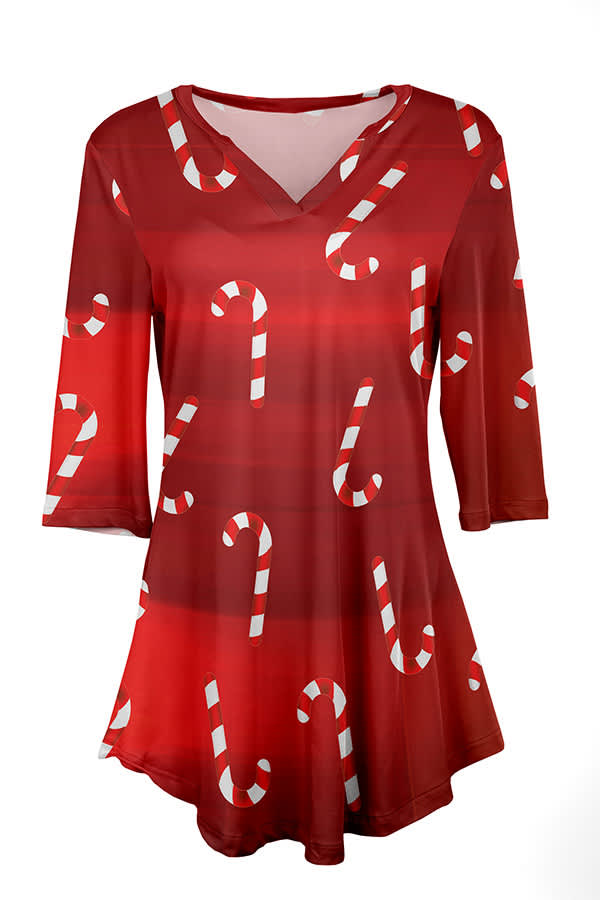 Lily by Firmiana Women's 3/4 Sleeve Notch Neck Tunic Red & White Candy Cane Holiday Print - Image 3
