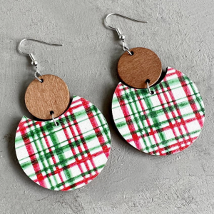 Don't AsK Red Green Patterned Wood Circular Drop Earrings ?C Festive Holiday Jewellery for Women