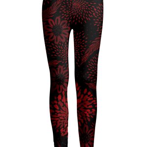 Lily by Firmiana Women's Medium Rise Printed Legging Black & Red Floral Holiday Print