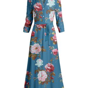 Lily by Firmiana Women's Long Sleeve Collared Maxi Dress with Tie Blue & Pink Floral