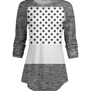 Lily by Firmiana Women's ¾ Sleeve Scoop Neck Tunic Top Black & White Dot Patchwork
