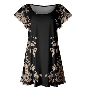 Lily by Firmiana Women's Short Sleeve Flutter Hem Tunic Top Black & Gold Floral Border