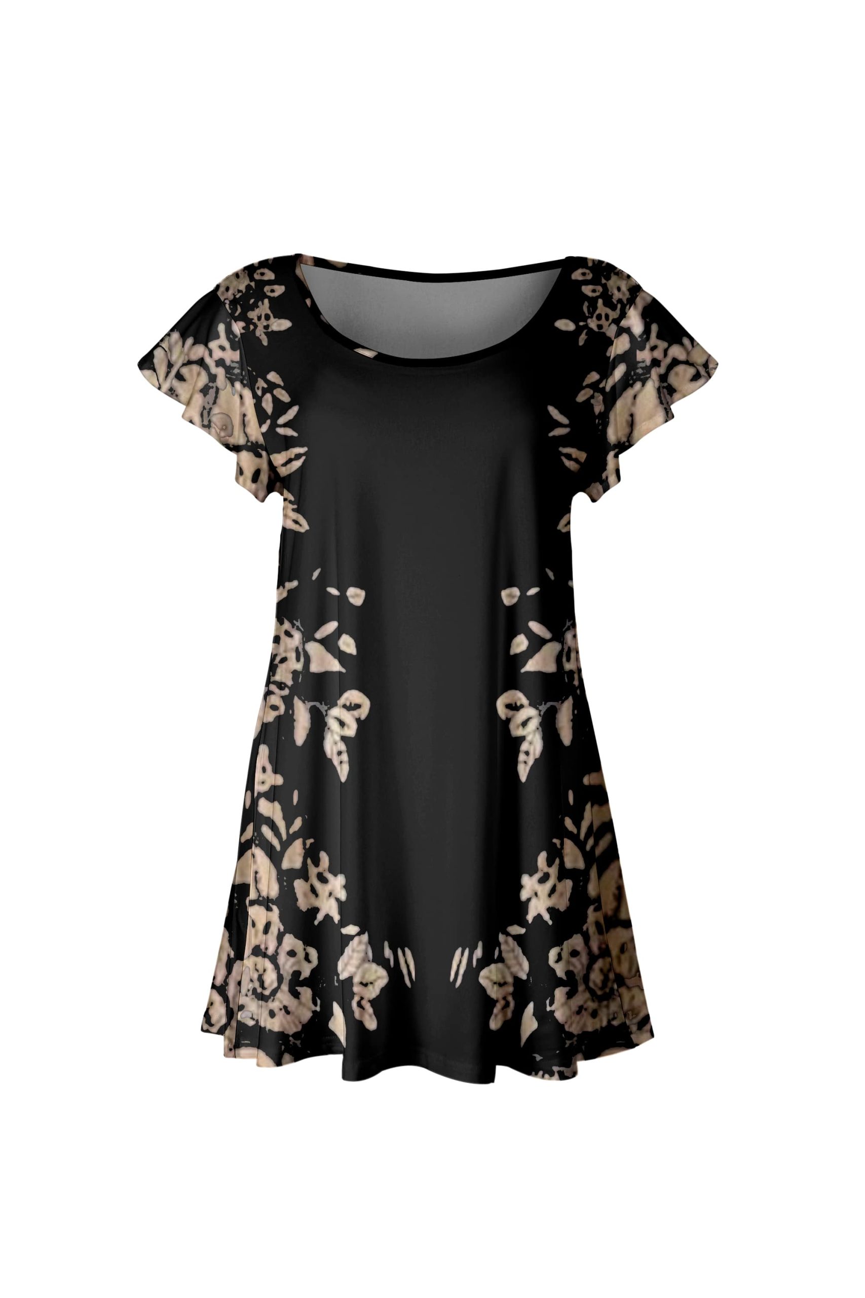 Lily by Firmiana Women's Short Sleeve Flutter Hem Tunic Top Black & Gold Floral Border