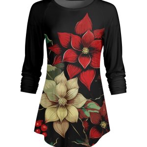 Lily by Firmiana Women's ¾ Sleeve Scoop Neck Tunic Top Poinsettia Floral Print