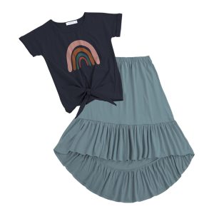 Dark Navy Rainbow Print Knot-Hem Tee & Dusty Turquoise Hi-Low Skirt