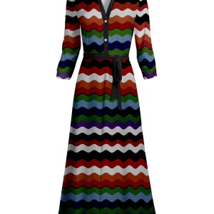 Lily by Firmiana Women's Long Sleeve Collared Maxi Dress with Tie Multicolor Chevron Stripe