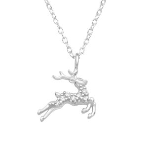 Ag Sterling Clear CZ Prancing Reindeer Pendant Necklace