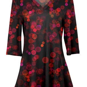 Lily by Firmiana Women's 3/4 Sleeve Notch Neck Tunic Red Ornament Lights Holiday Print