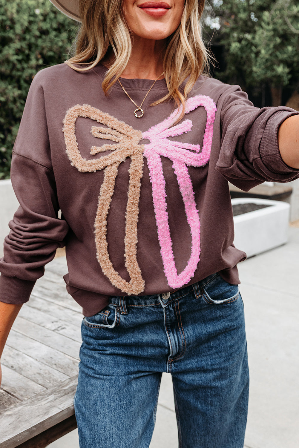Callie Terry Bow Pattern Drop Shoulder Sweatshirt by Threaded Pear - Image 6