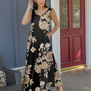 Lily by Firmiana Women's Sleeveless Fishtail Maxi Dress White & Black Brushstroke Print