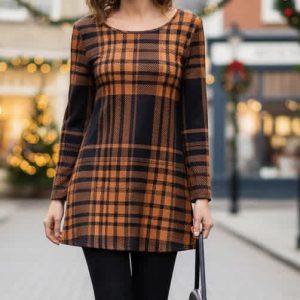 Lily by Firmiana Women's Long Sleeve Scoop Neck Flared Hem Tunic Brown & Tan Plaid Tunic