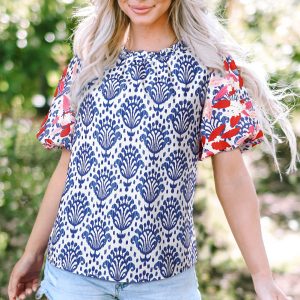 Julieta Floral Puff Sleeve Frilled Neck Blouse by Threaded Pear
