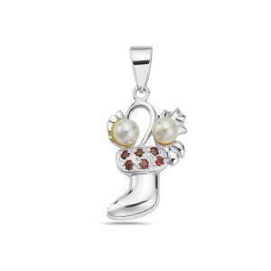 Vera & Co Women Sterling Silver Stocking with Red CZ and Freshwater Pearl Charm Necklace 18 inches
