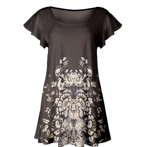 Lily by Firmiana Women's Short Sleeve Flutter Hem Tunic Top Brown Floral Border