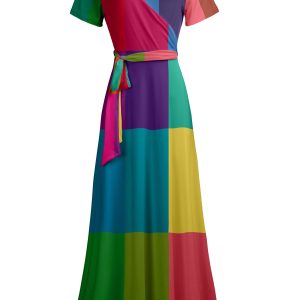 Lily by Firmiana Women's Short Sleeve Wrap-Style Maxi Dress with Tie Multicolor Block Wrap