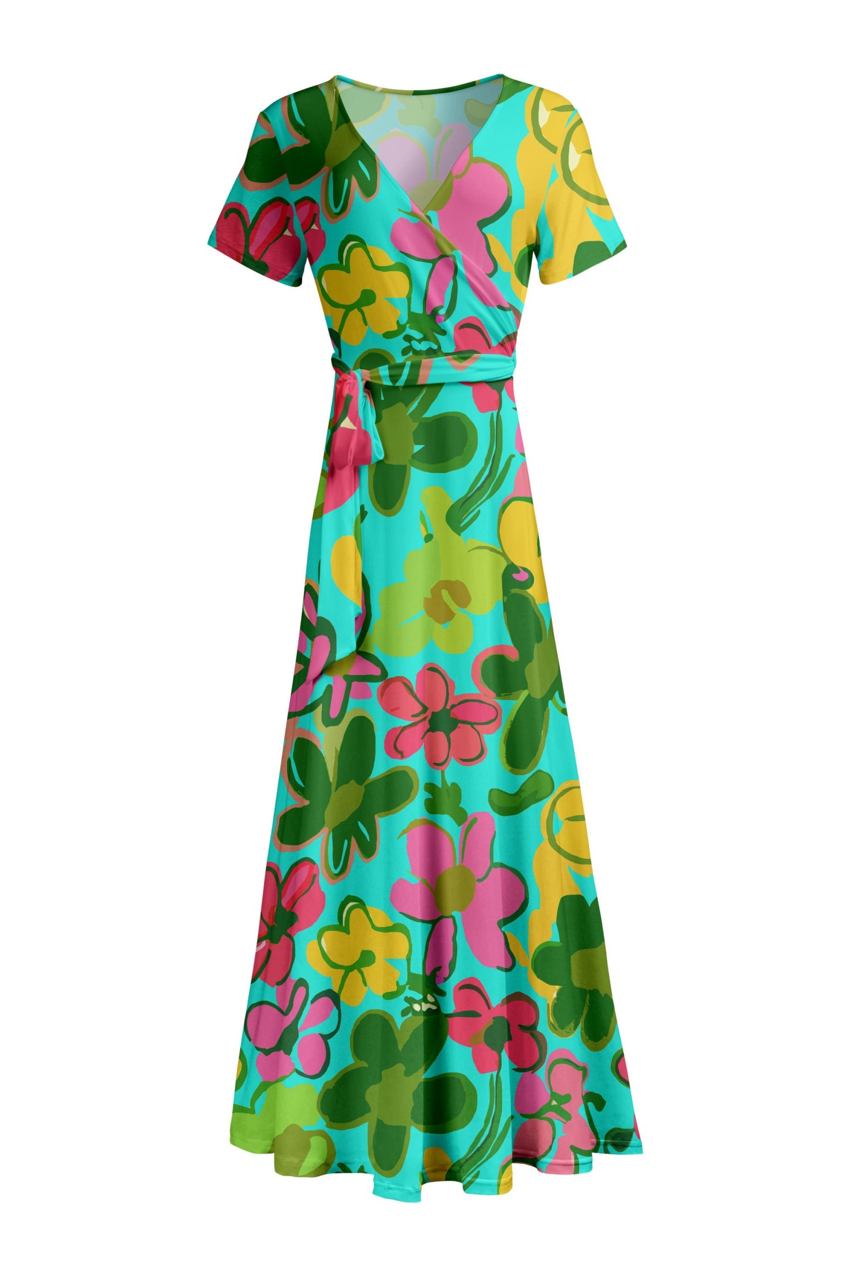 Lily by Firmiana Women's Short Sleeve Wrap-Style Maxi Dress with Tie Green & Red Tropical Leaf Mix