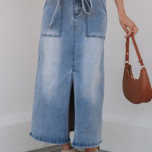 Ariah High Waist Midi Denim Skirt by Threaded Pear