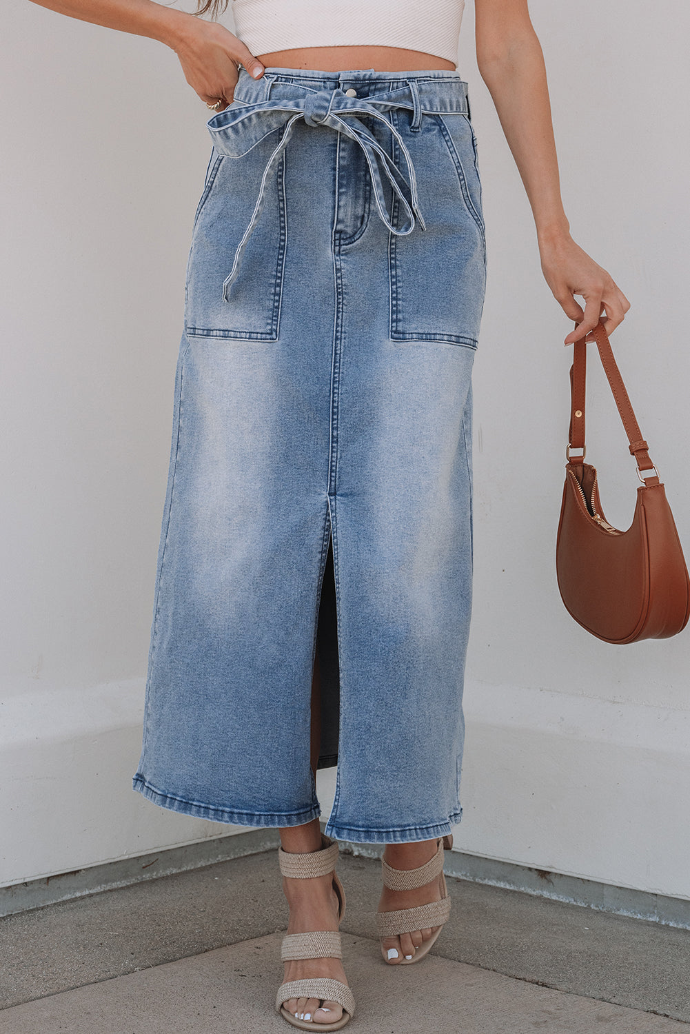 Ariah High Waist Midi Denim Skirt by Threaded Pear