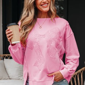 Brianna Lace Bow Embroidered Exposed Seam Sweatshirt by Threaded Pear