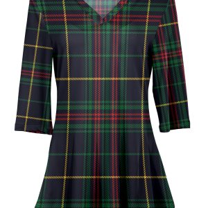 Lily by Firmiana Women's 3/4 Sleeve Notch Neck Tunic Navy & Green Plaid Holiday Print