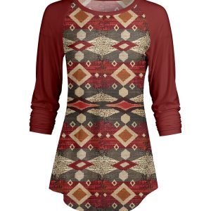 Lily by Firmiana Women's ¾ Sleeve Scoop Neck Tunic Top Red & Tan Aztec Pattern