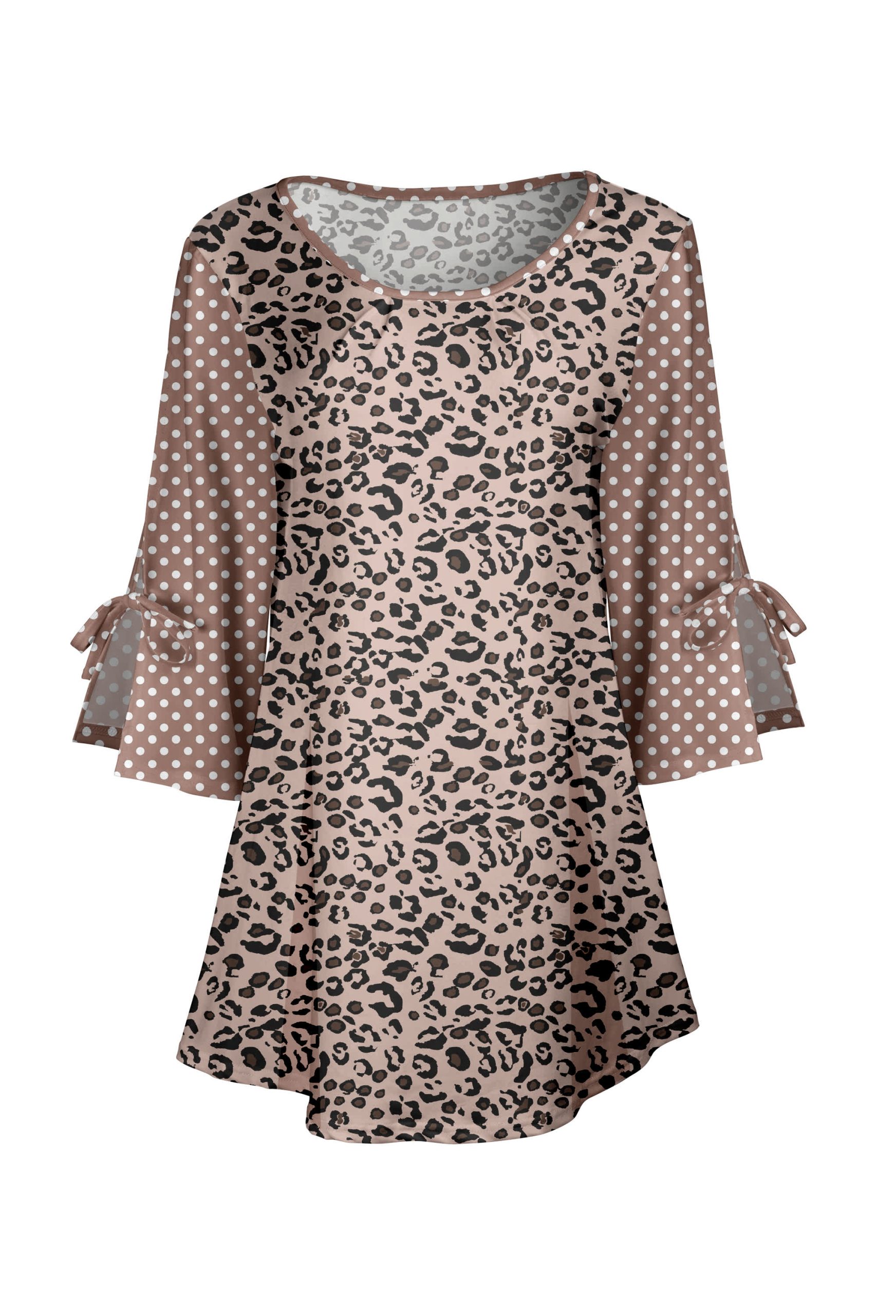 Lily by Firmiana Women's Round Neck Tunic with Split Hem ¾ Sleeves and Tie Detail Tan & Brown Leopard - Image 4
