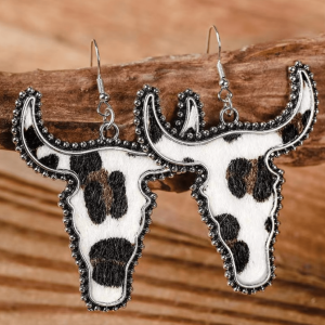 Silvertone Cow Print Longhorn Drop Earrings