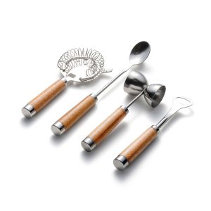 Outset Stainless Steel Bar Tool Kit. Set of 4: Strainer. Stirring Spoon. Jigger. and Bottle Opener
