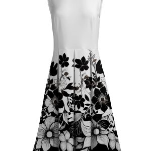 Lily by Firmiana Women's Sleeveless Dress with Pleated Skirt White & Black Floral Border